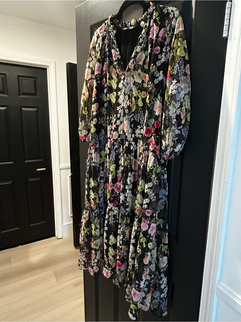 Zara Black Floral Tiered Maxi Dress with Multicolor Blooms